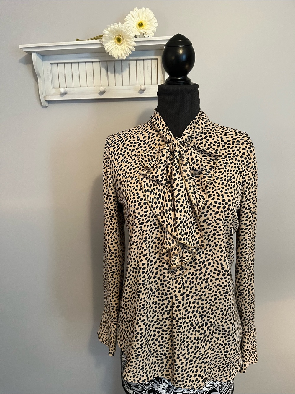 Ann Taylor Beige and Black Leopard Print Bow-Neck Blouse EUC